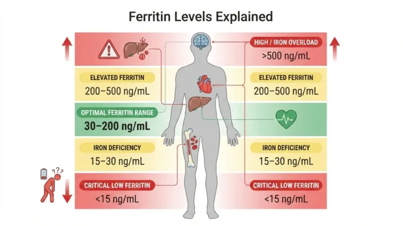 Ferritin Level medical anatomy diagram showing low, normal, and high ferritin ranges with color-coded zones and affected organs