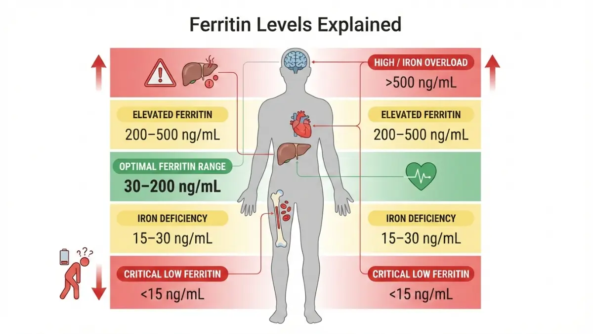 Ferritin Level medical anatomy diagram showing low, normal, and high ferritin ranges with color-coded zones and affected organs