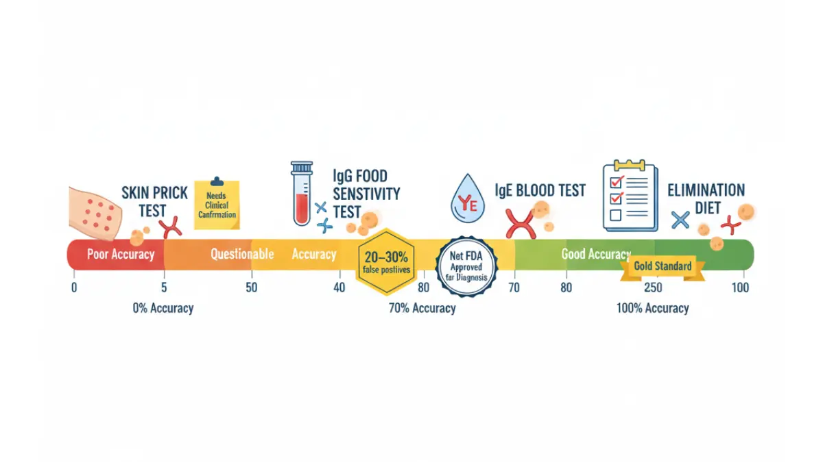 Food Sensitivity Test accuracy chart comparing false positive rates of IgG tests, elimination diets, IgE blood tests, and skin prick testing