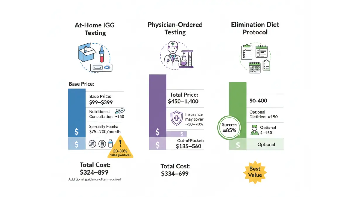 Food Sensitivity Test cost comparison infographic showing IgG at-home test prices, doctor-ordered testing, and elimination diet costs