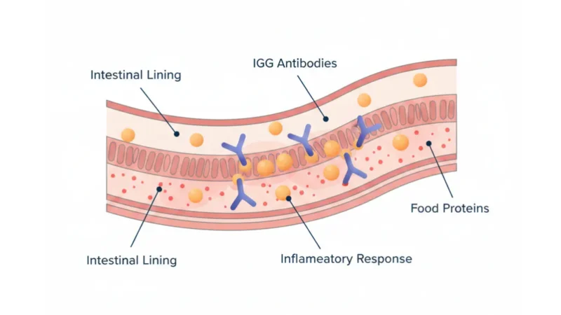 Food Sensitivity Test diagram showing IgG antibodies interacting with food proteins in the small intestine causing low-grade inflammation