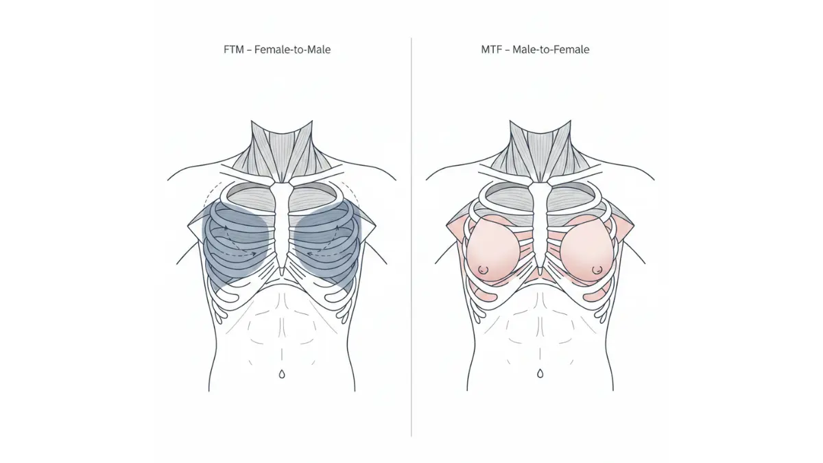 Gender Surgery anatomy diagram showing FTM chest masculinization and MTF breast augmentation procedures