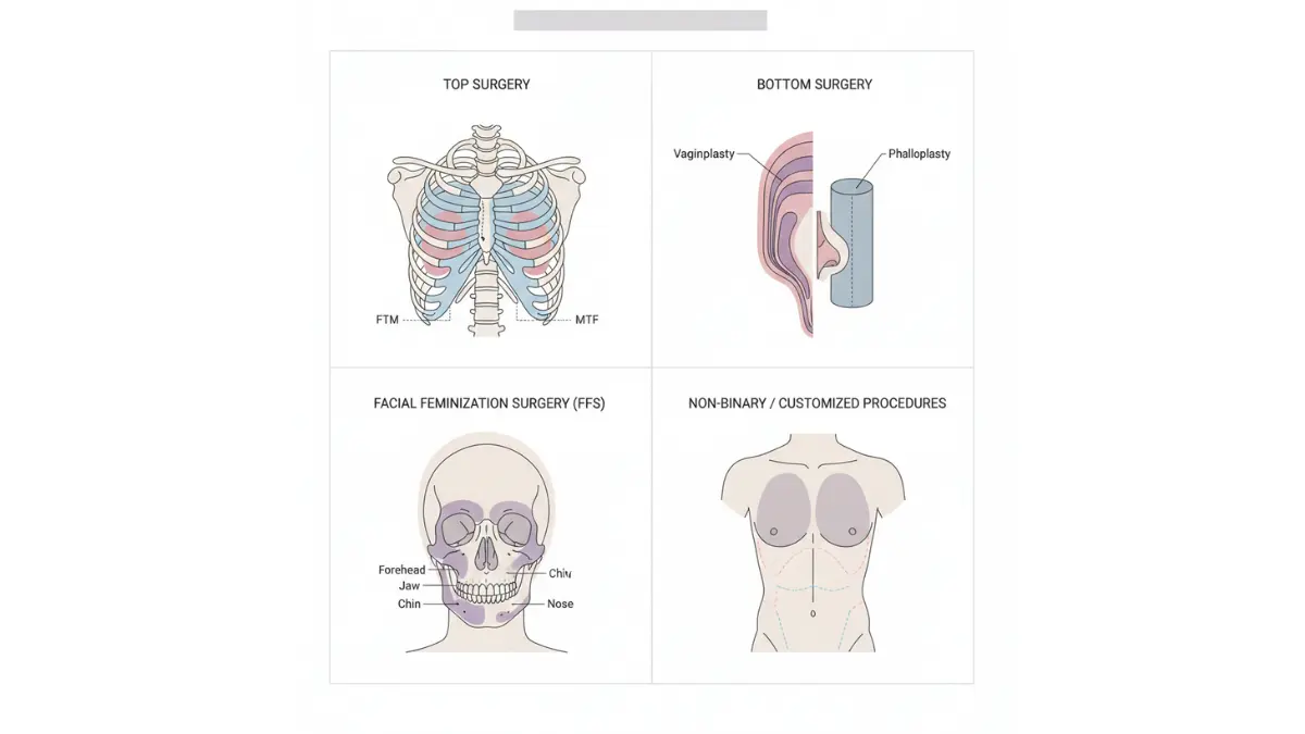 This medical anatomy vector illustration provides a split-screen comparison of Gender Surgery chest procedures, showing FTM breast tissue removal and MTF breast implant placement using clean, clinical anatomical visuals for patient education.