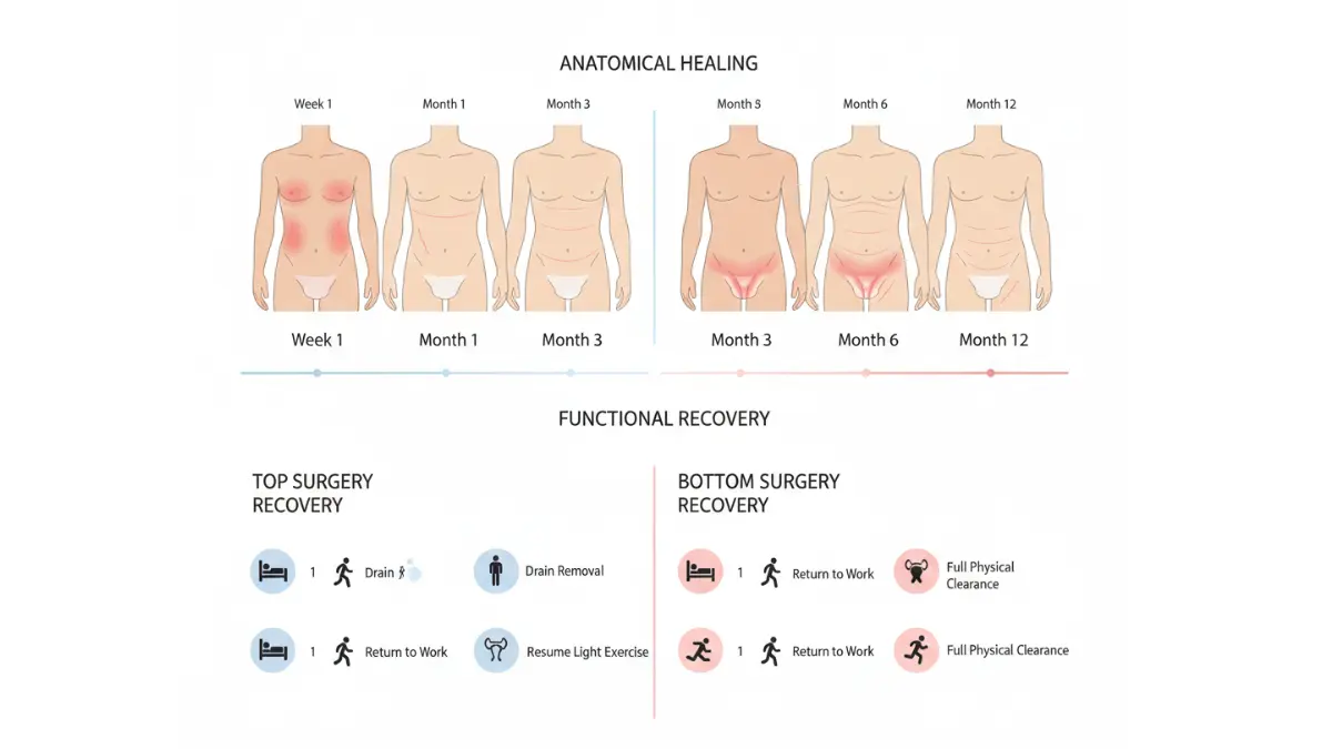 Gender Surgery recovery timeline showing anatomical healing stages from week 1 to month 12