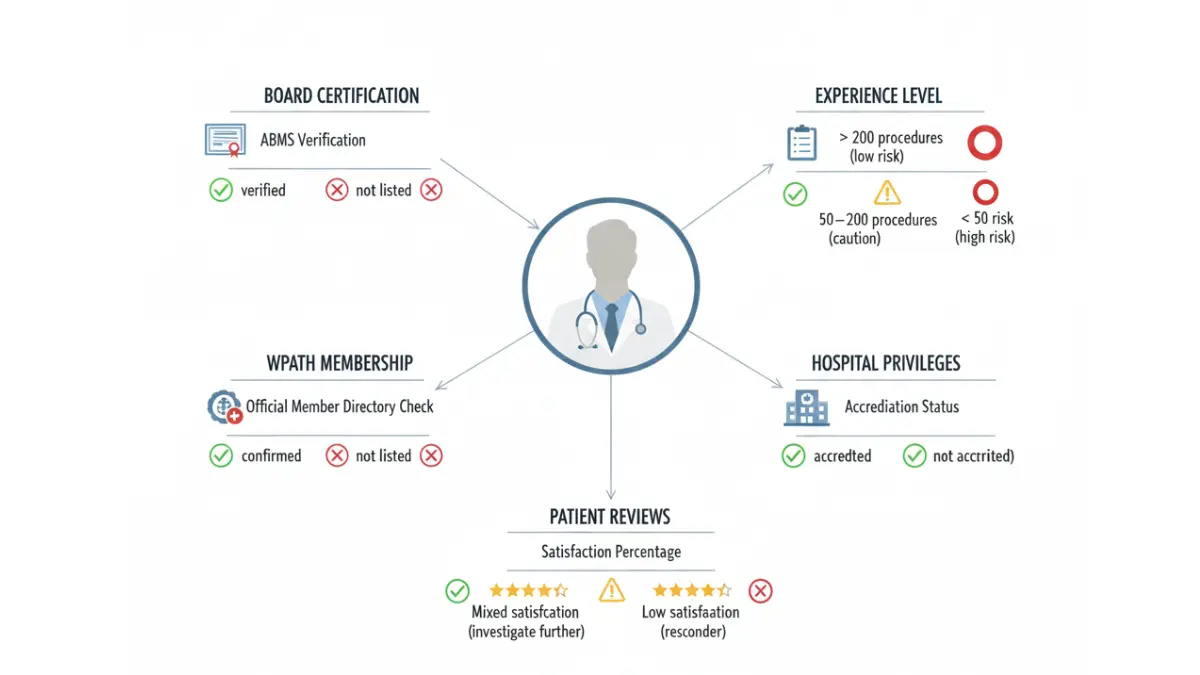 Gender Surgery surgeon verification flowchart showing board certification, WPATH membership, and experience checks