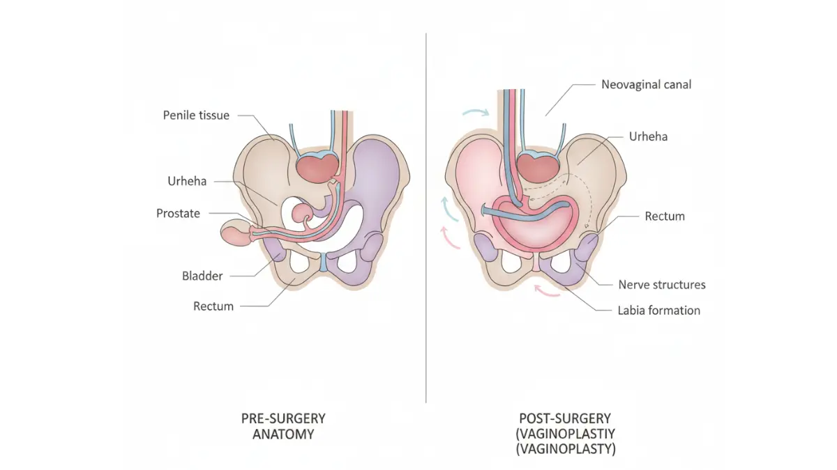 Gender Surgery vaginoplasty anatomy diagram showing pre- and post-surgical pelvic structures