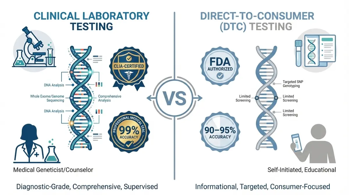 Side by side medical comparison of clinical laboratory and direct to consumer genetic testing showing differences in accuracy and genetic test results