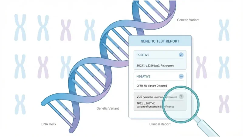 Medical vector illustration showing DNA double helix structure with genetic test results document highlighting positive negative and VUS variant findings