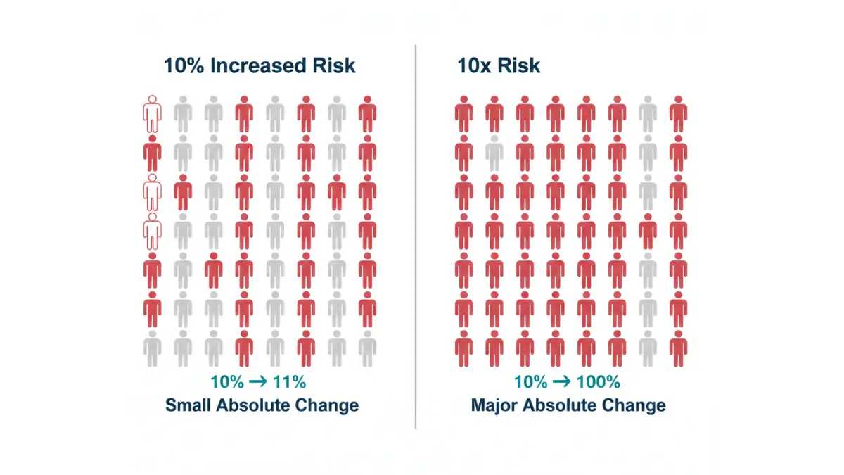 Medical infographic comparing relative and absolute genetic risk to explain genetic test results using human silhouette population grids