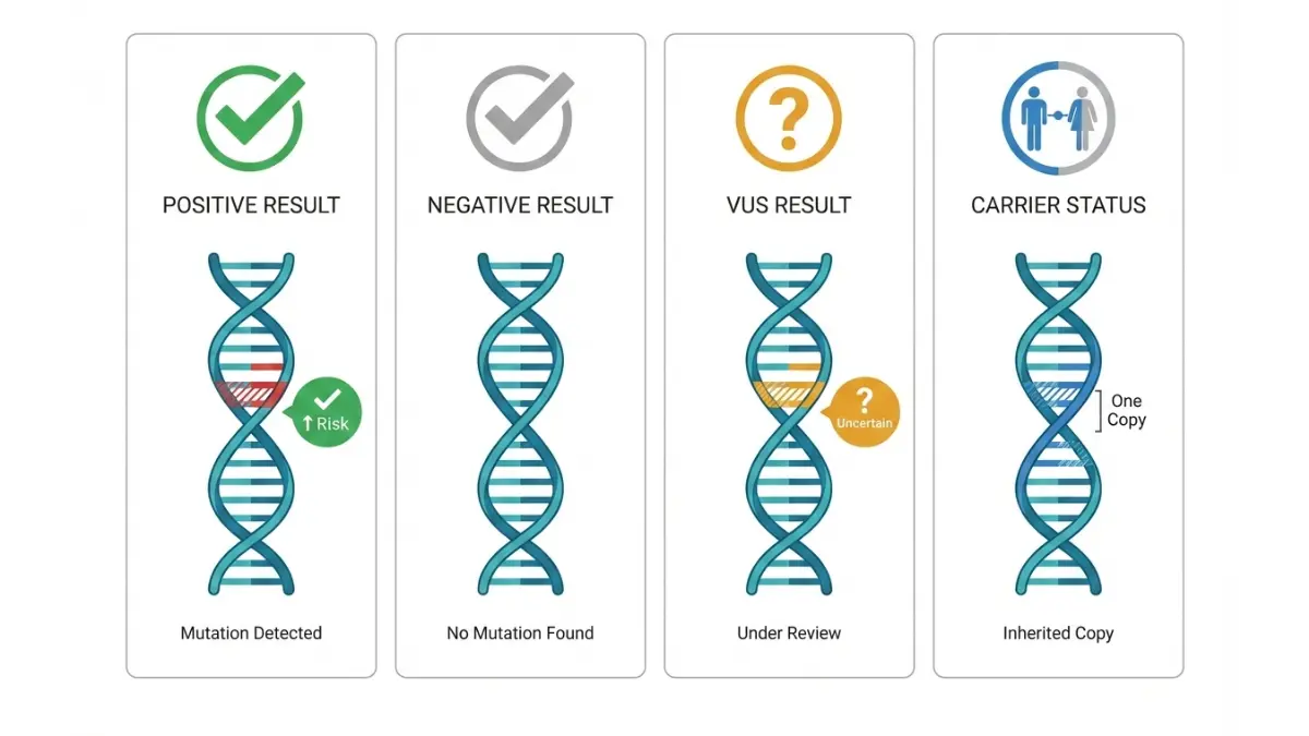 Medical diagram comparing four genetic test results types including positive negative VUS variant of uncertain significance and carrier status