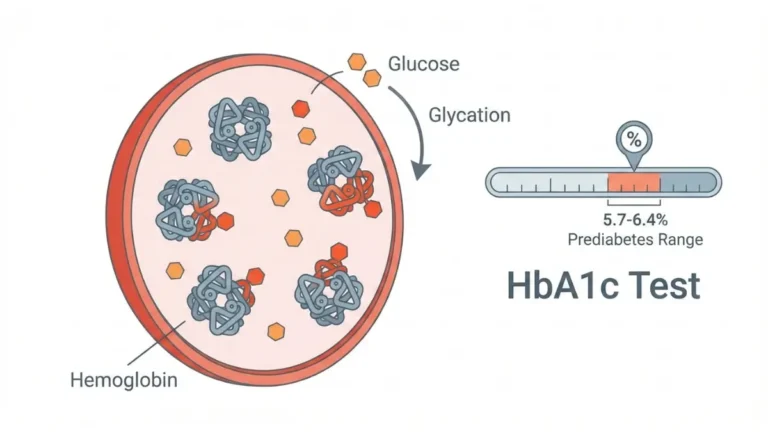 HbA1c blood test mechanism showing glycated hemoglobin formation inside red blood cells