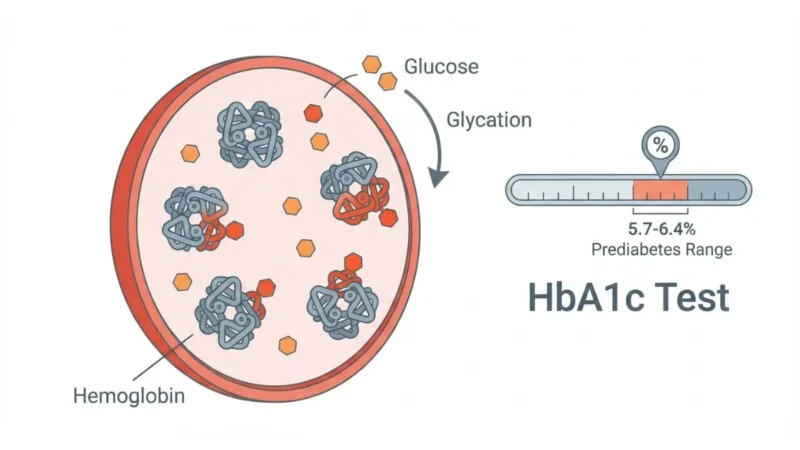 HbA1c blood test mechanism showing glycated hemoglobin formation inside red blood cells