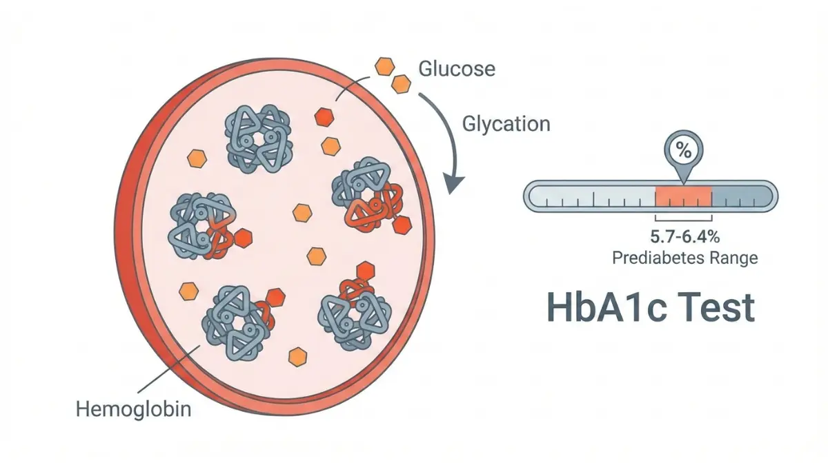 HbA1c blood test mechanism showing glycated hemoglobin formation inside red blood cells