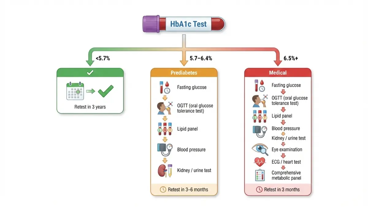 HbA1c diagnostic testing flowchart showing what doctors check next