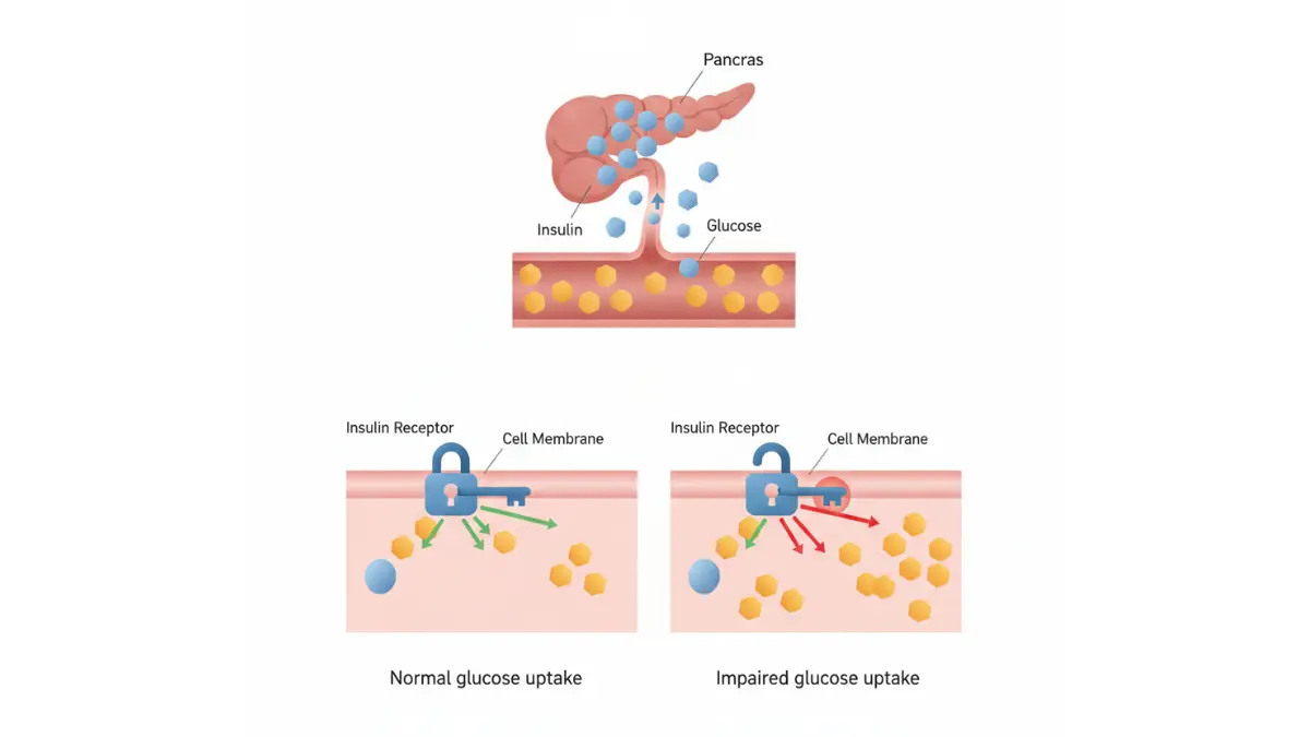 HbA1c insulin resistance process showing impaired glucose uptake in body cells