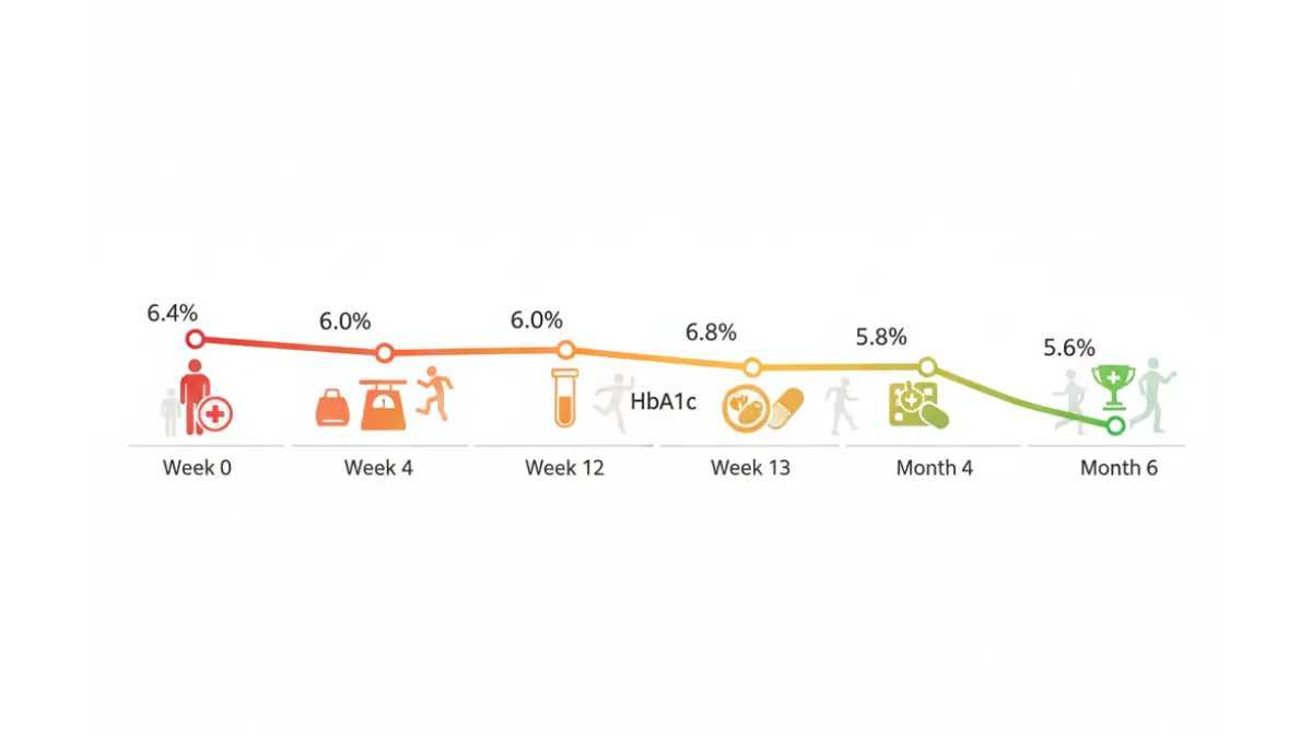HbA1c reduction timeline showing improvement from 6.4% to 5.6% over six months