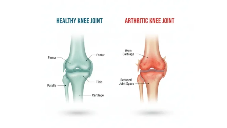 Healthy knee vs arthritic knee anatomy comparison diagram showing cartilage damage and joint degeneration for Knee Surgery Cost 2026