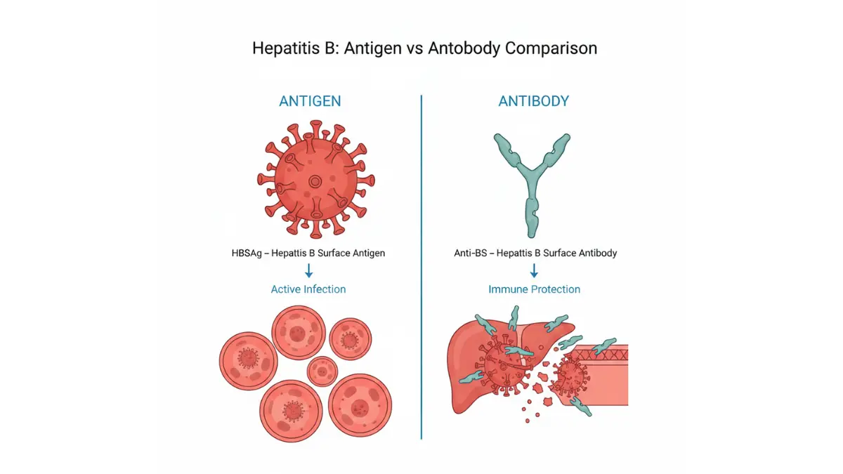 Hepatitis Panel medical diagram comparing hepatitis antigen versus antibody showing virus particles and immune response Y-shaped antibodies