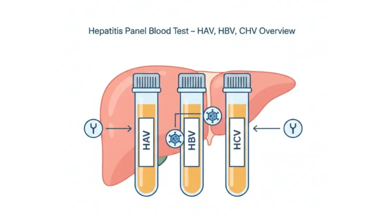 Hepatitis Panel blood test medical illustration showing HAV HBV HCV test tubes with liver anatomy and antigen antibody markers