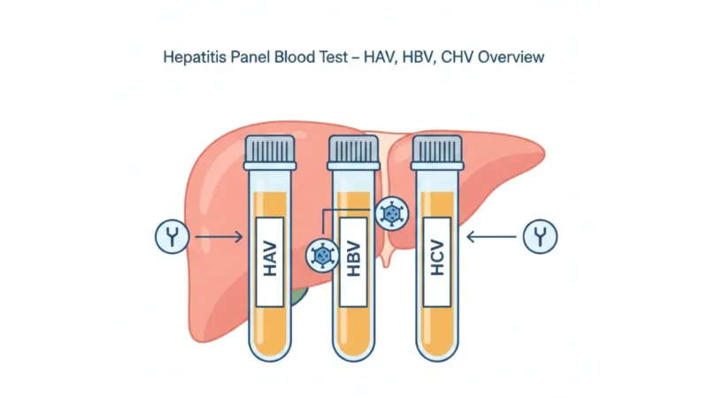 Hepatitis Panel blood test medical illustration showing HAV HBV HCV test tubes with liver anatomy and antigen antibody markers