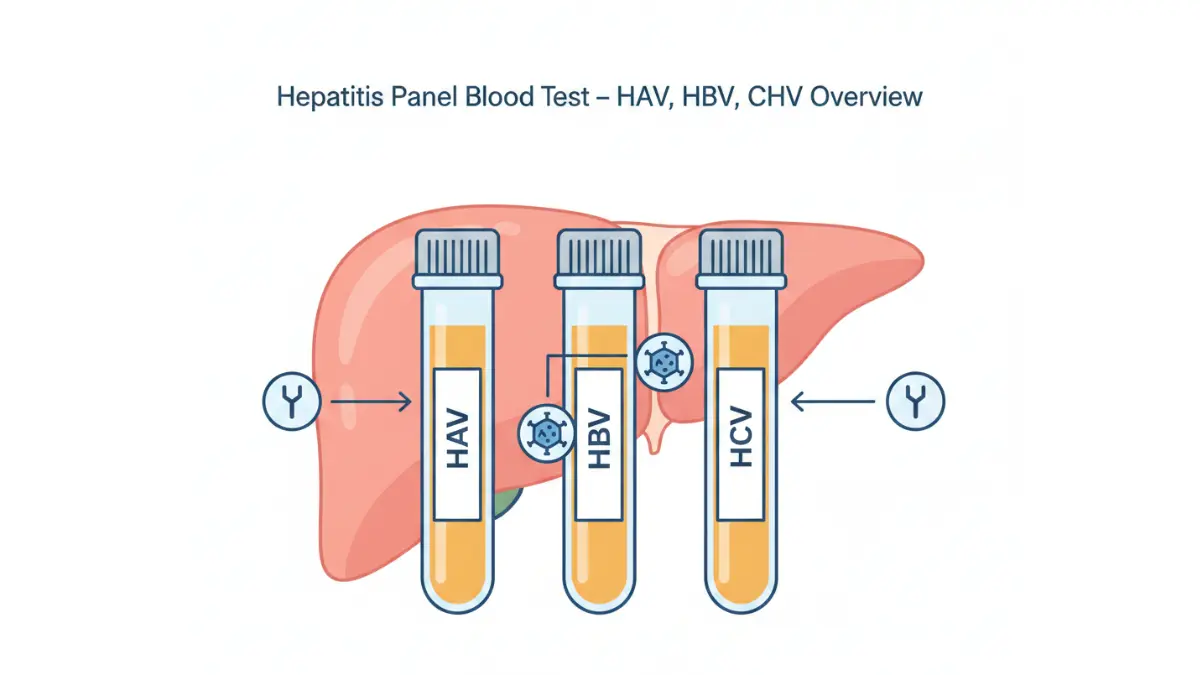 Hepatitis Panel blood test medical illustration showing HAV HBV HCV test tubes with liver anatomy and antigen antibody markers