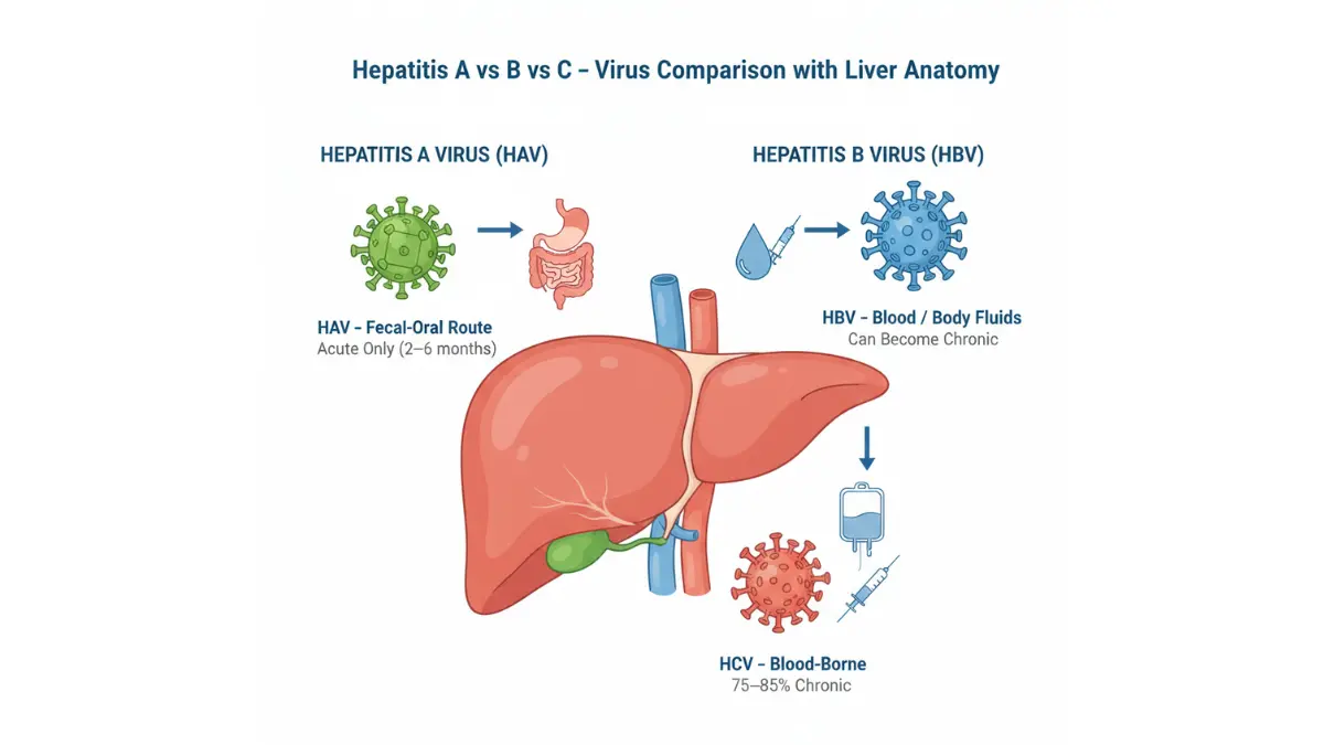 Hepatitis Panel medical anatomy diagram comparing hepatitis A B C viruses with detailed liver illustration showing transmission routes and infection timelines