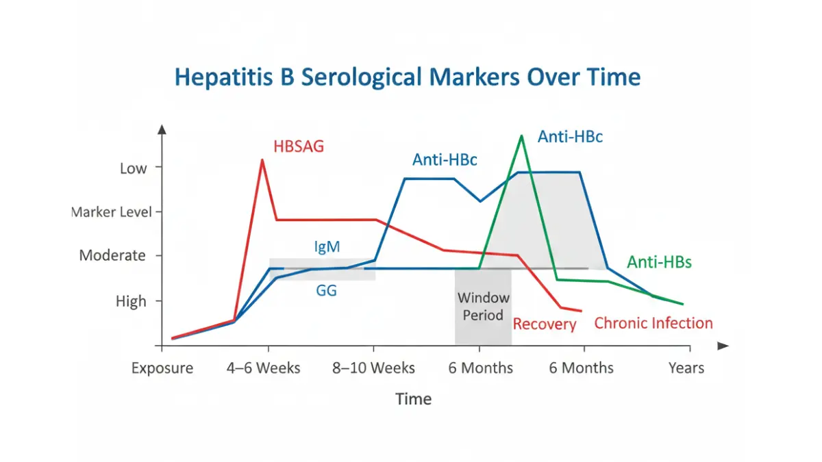 Hepatitis Panel hepatitis B serological markers timeline graph showing HBsAg anti-HBc anti-HBs antibody levels from exposure through recovery or chronic infection