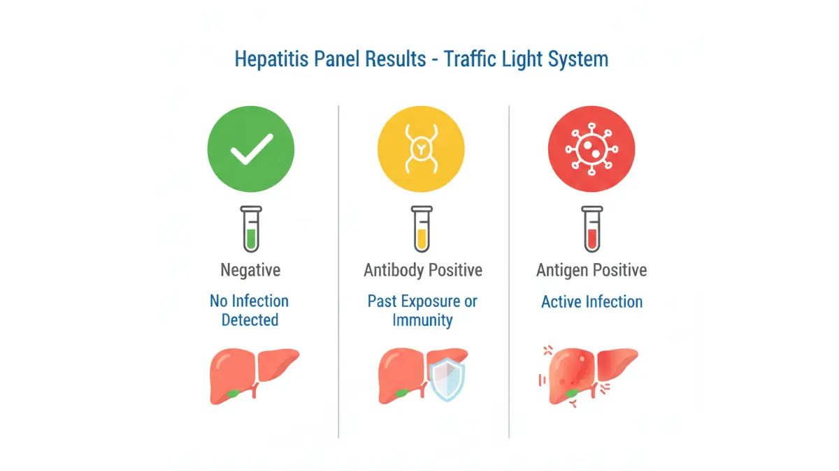 Hepatitis Panel results traffic light system showing green negative yellow antibody positive red antigen positive with liver health indicators
