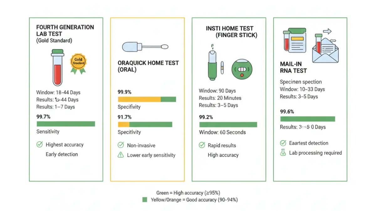 HIV Test Results accuracy comparison chart showing sensitivity specificity window periods and result times for fourth generation OraQuick INSTI and RNA tests