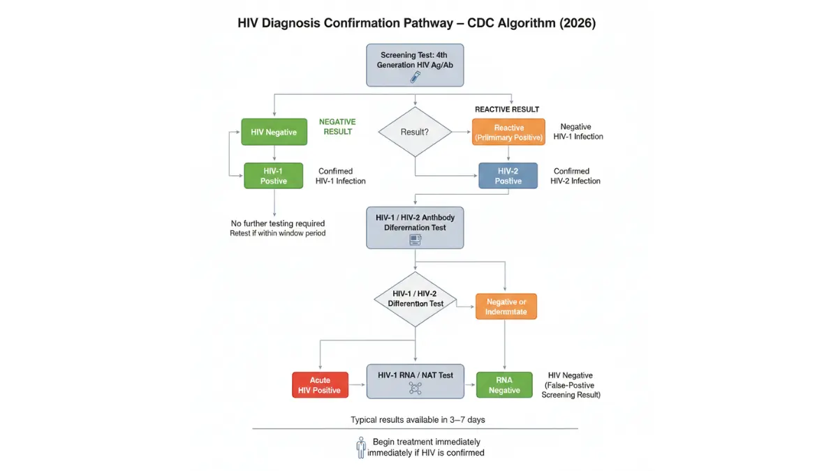 HIV Test Results confirmation algorithm flowchart showing CDC recommended testing pathway from screening to final HIV diagnosis