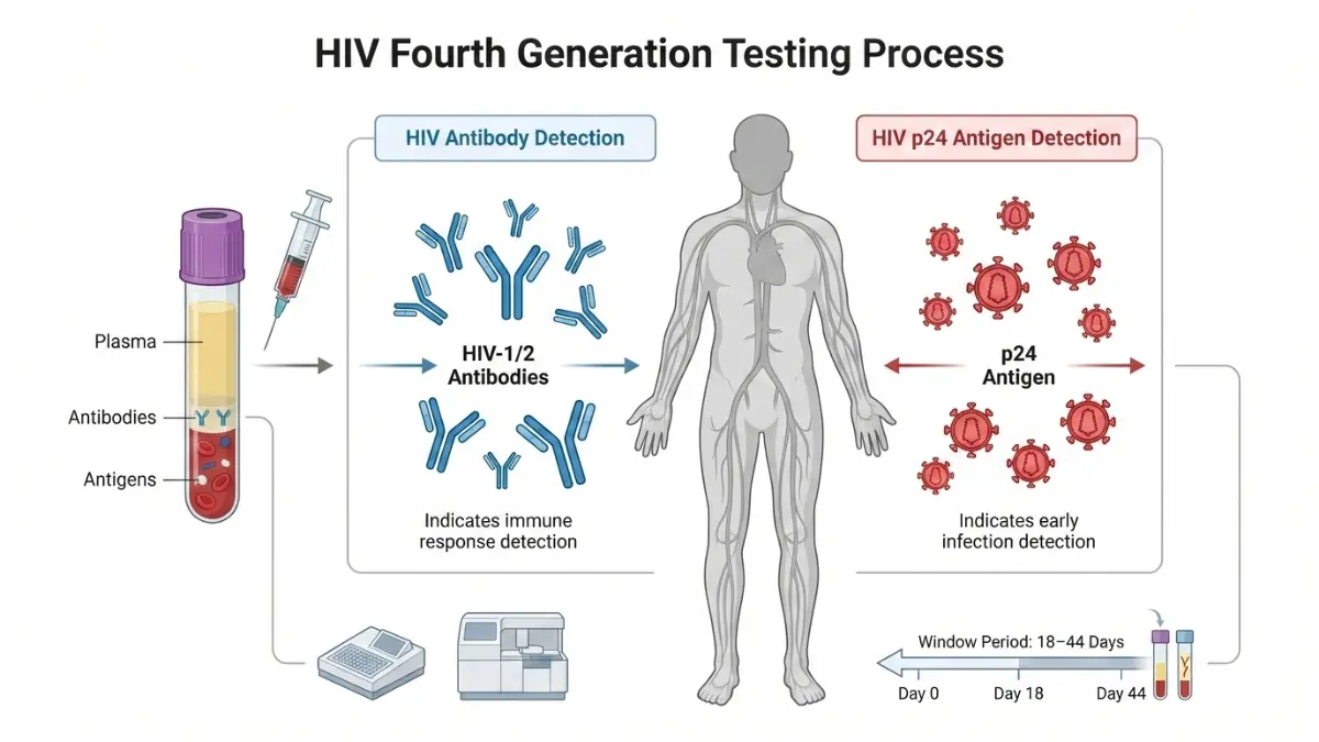 HIV Test Results medical anatomy diagram explaining fourth generation HIV testing process showing antibody and p24 antigen detection with window period timeline