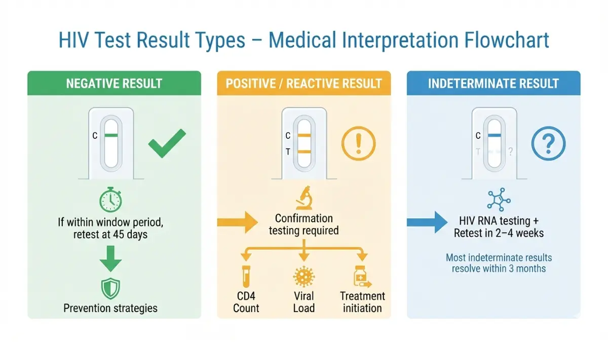 HIV Test Results interpretation flowchart showing negative positive and indeterminate HIV test outcomes with next medical steps