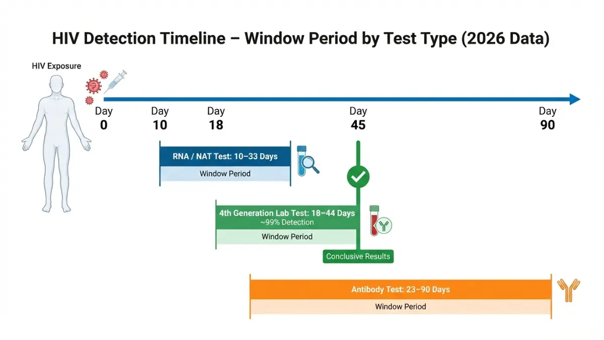 HIV Test Results window period timeline comparing RNA NAT fourth generation and antibody HIV tests from day 0 to day 90 after exposure
