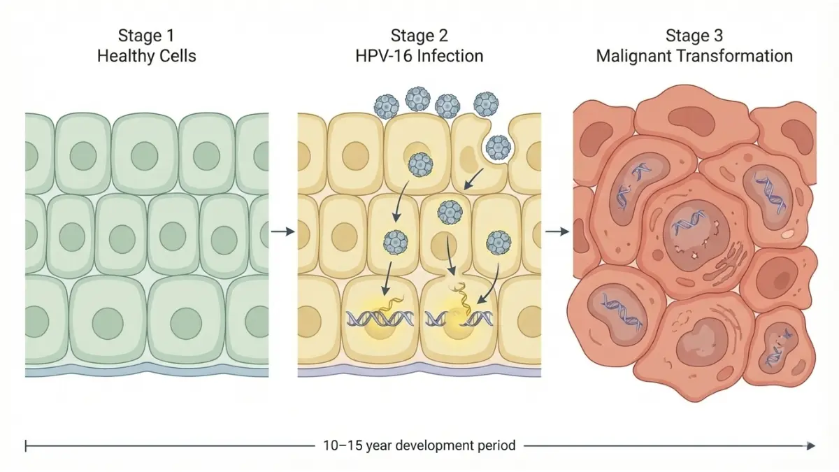 HPV Throat Cancer cellular pathway showing HPV-16 infection and cancer development