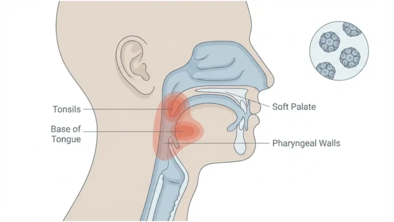 HPV Throat Cancer anatomy diagram highlighting tonsils and base of tongue
