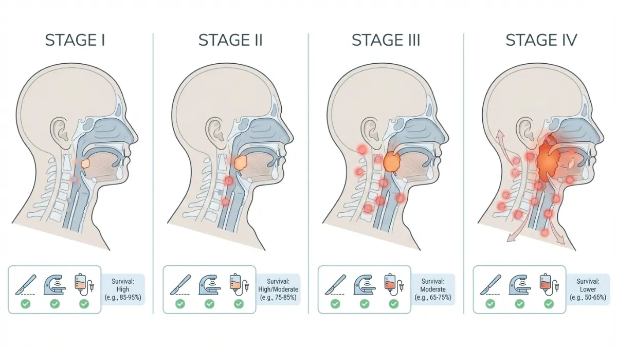 HPV Throat Cancer staging diagram showing Stage I to Stage IV progression