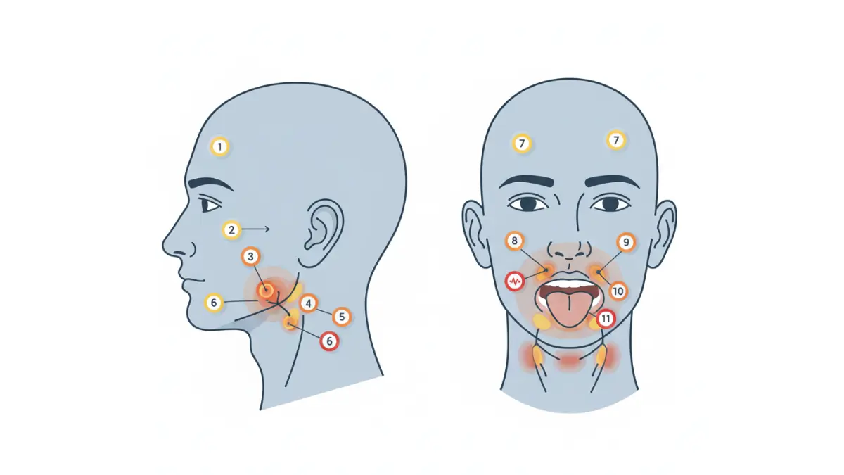 HPV Throat Cancer symptom location map showing neck, throat, tongue, and ear areas