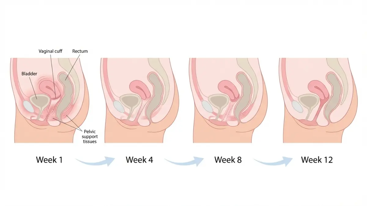 Hysterectomy medical anatomy vector illustration of pelvic recovery timeline stages