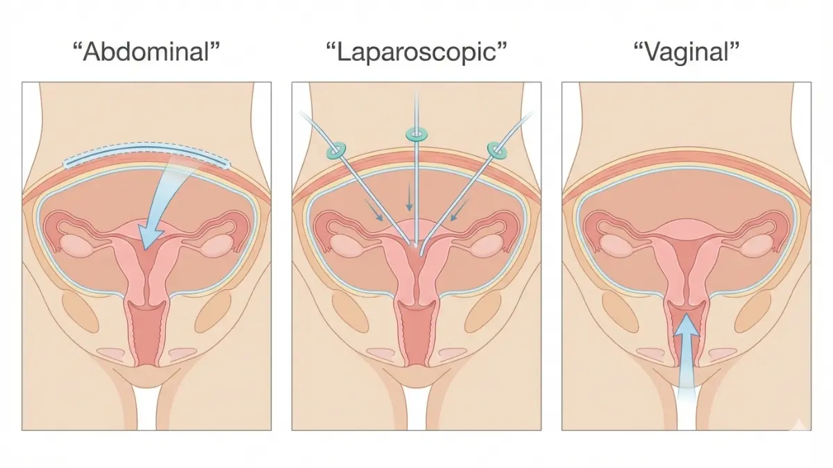 Hysterectomy medical anatomy vector illustration comparing abdominal vs laparoscopic vs vaginal hysterectomy