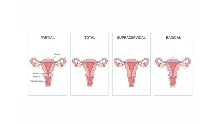 Hysterectomy medical anatomy vector illustration showing 4 types of hysterectomy procedures
