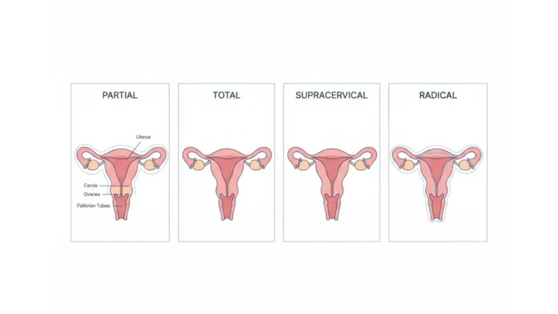 Hysterectomy medical anatomy vector illustration showing 4 types of hysterectomy procedures