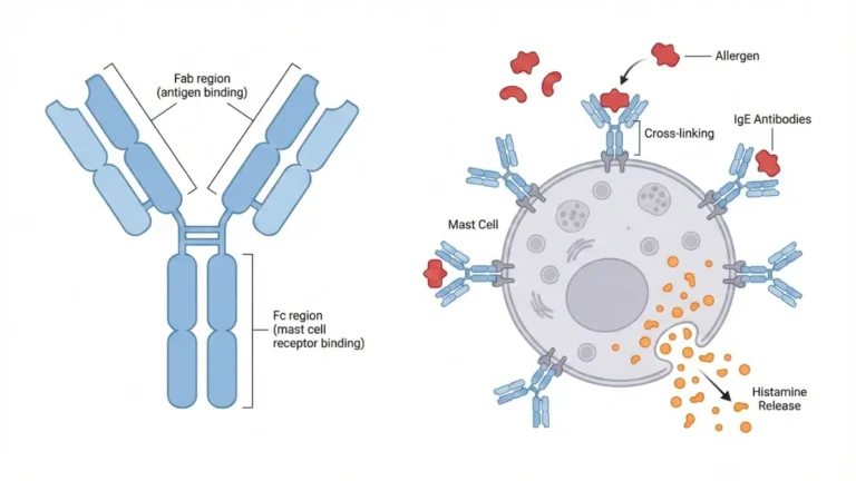 IgE test medical diagram showing IgE antibody structure and mast cell degranulation during allergic reaction