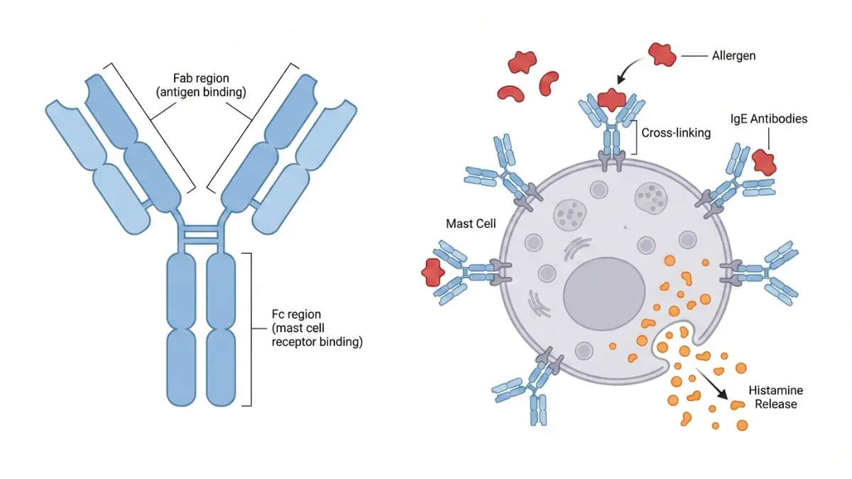 IgE test medical diagram showing IgE antibody structure and mast cell degranulation during allergic reaction