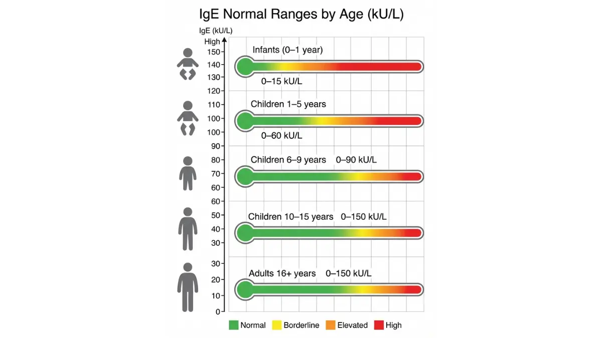 IgE test age-specific normal ranges chart showing IgE levels from infants to adults in kU/L