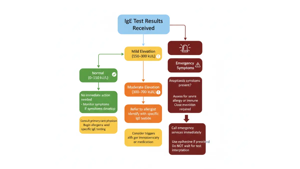 IgE test results action flowchart showing next steps for normal, elevated, and severe IgE levels