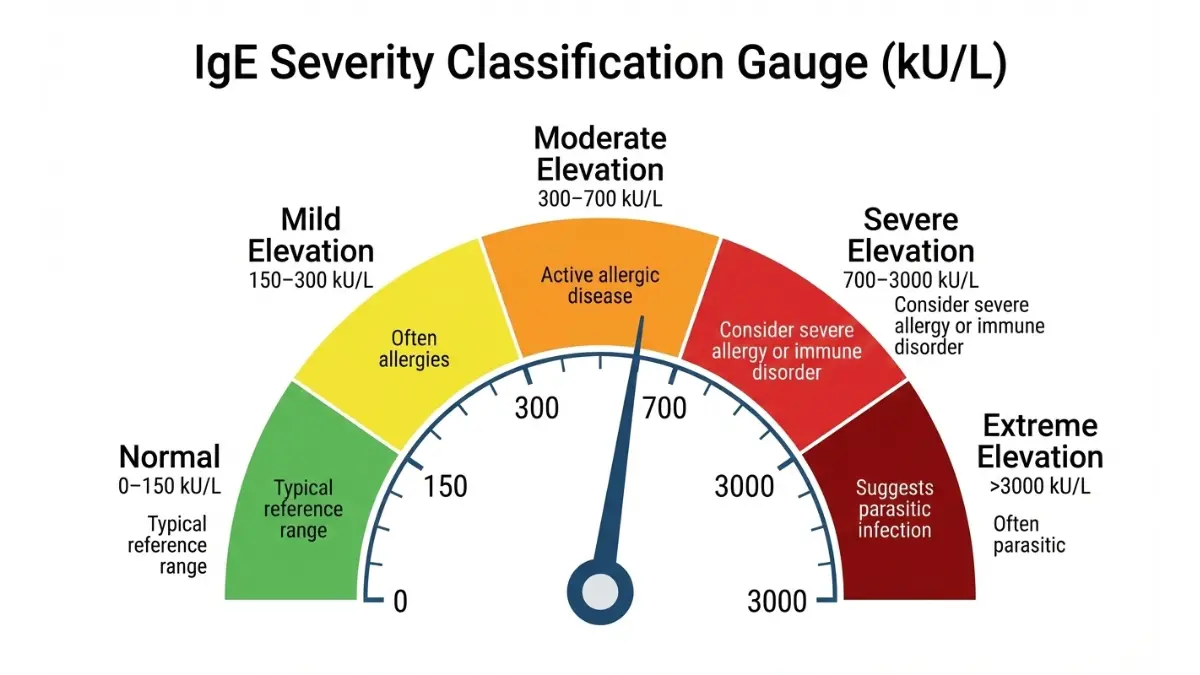 IgE test severity classification gauge showing normal to extreme IgE levels in kU/L