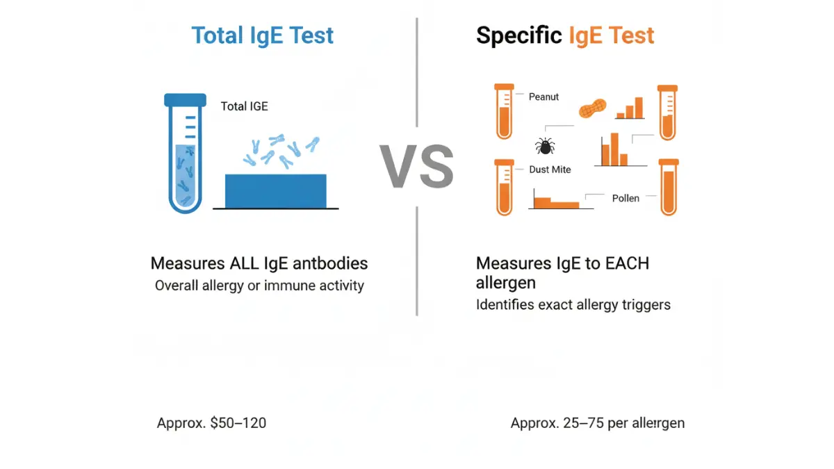 IgE test comparison diagram showing total IgE versus specific IgE allergy testing