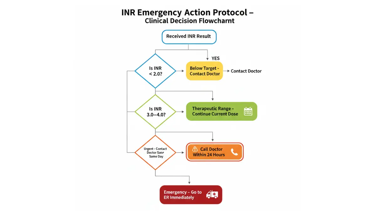 Coagulation Test Results safety guide with an INR emergency action protocol flowchart showing when to monitor, call a doctor, or seek emergency care