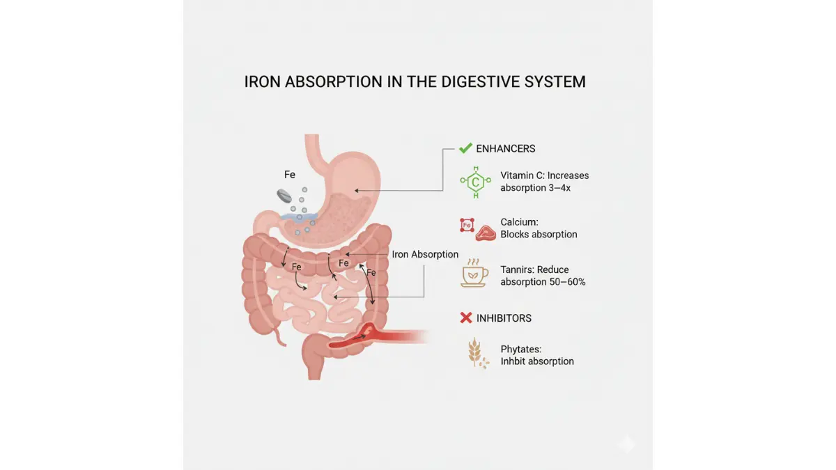 Ferritin Level digestive system diagram showing iron absorption in the intestine with vitamin C enhancers and calcium tannin inhibitors