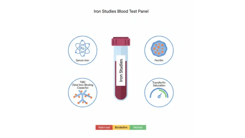 Iron Studies blood test panel showing serum iron ferritin TIBC and transferrin saturation